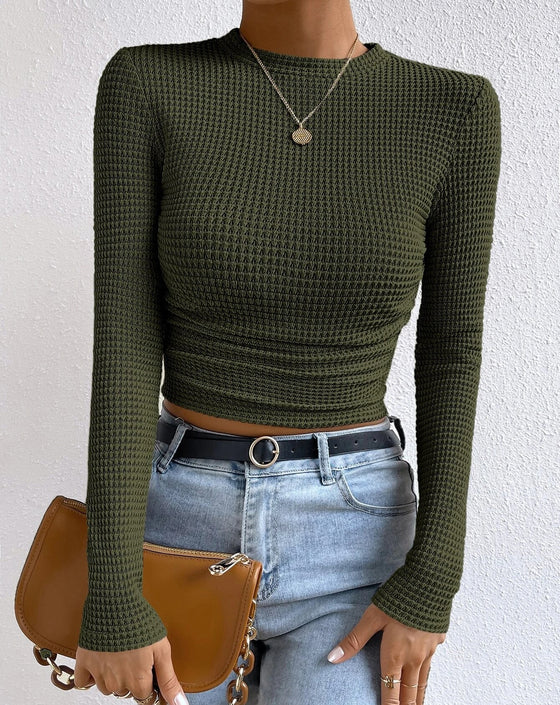 Solid Color Waffle Knit Pleated Side Short T-Shirt