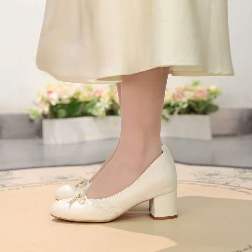 Gentle Satin Bow Block Heel Pumps, Ivory Jacquard Slip-On Shoes For Work & Parties