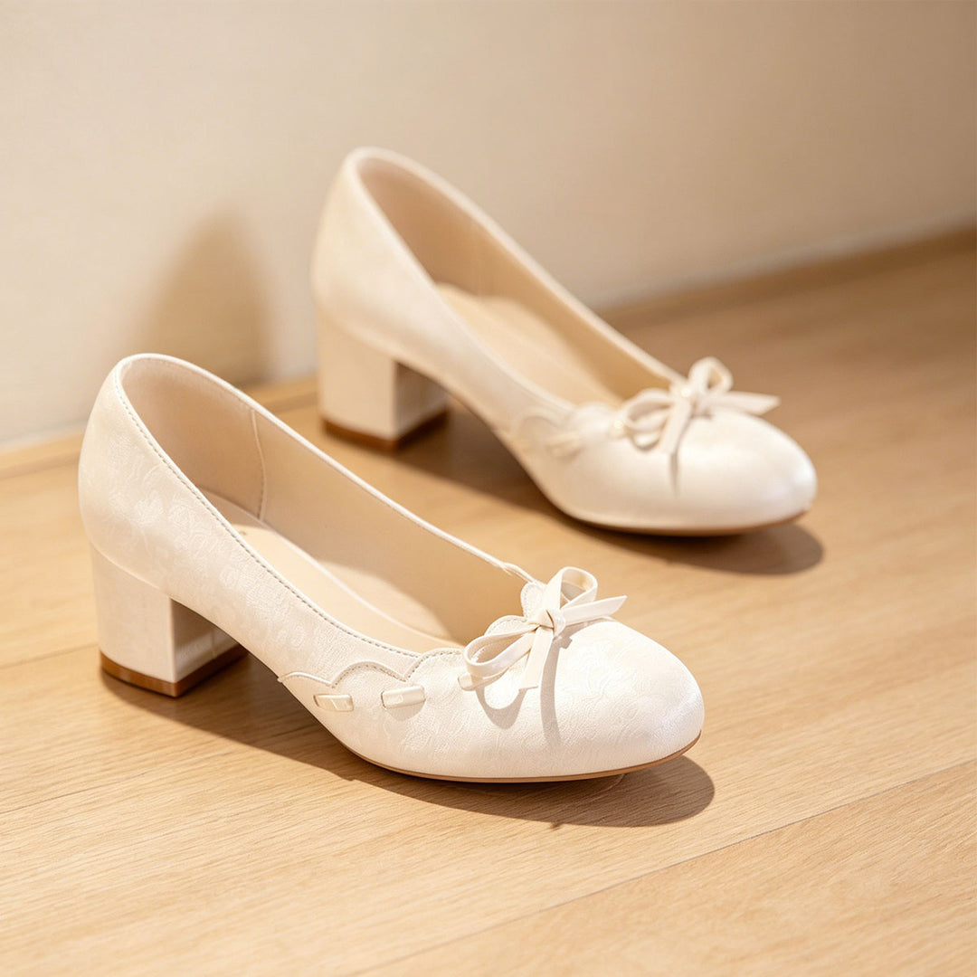 Gentle Satin Bow Block Heel Pumps, Ivory Jacquard Slip-On Shoes For Work &amp; Parties