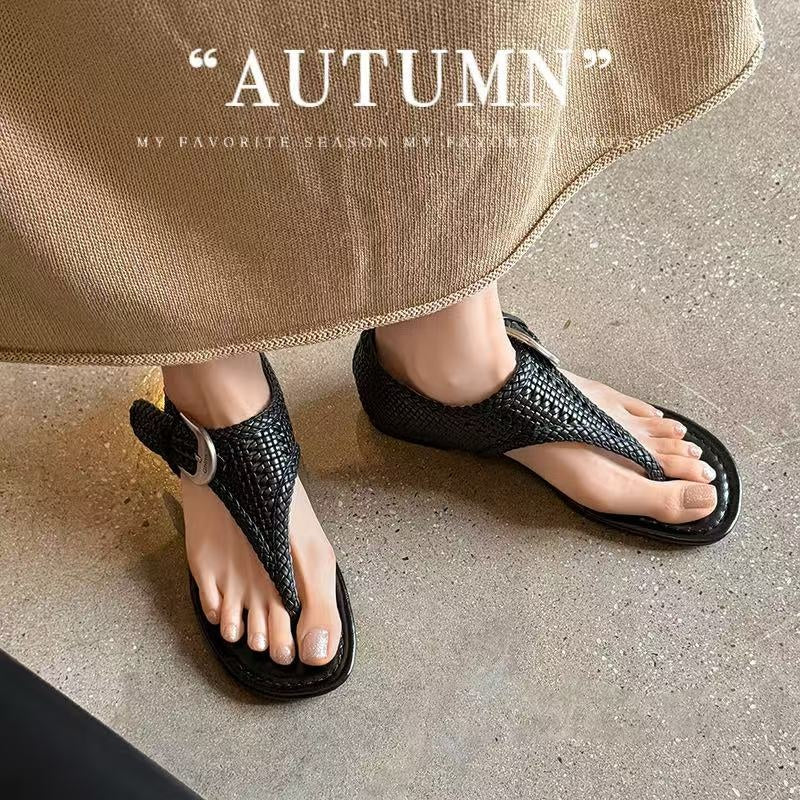Women's Handwoven Cowhide Thong Sandals, Full-Grain Leather Ankle Buckle Flat Shoes