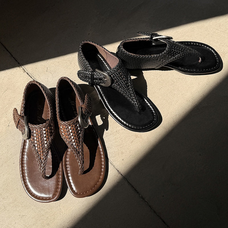 Women's Handwoven Cowhide Thong Sandals, Full-Grain Leather Ankle Buckle Flat Shoes