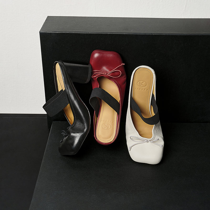 Women's Premium Washed Full Grain Leather Ballet Mules, Elastic Strap Block Heel Sandals