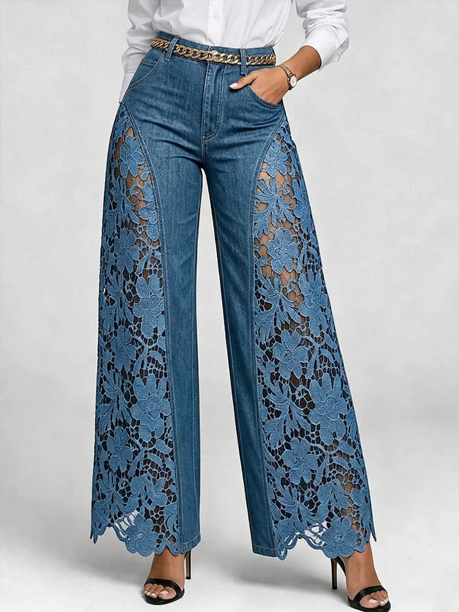 High-waisted Wide-leg Pants Womens Lace-panelled Jeans