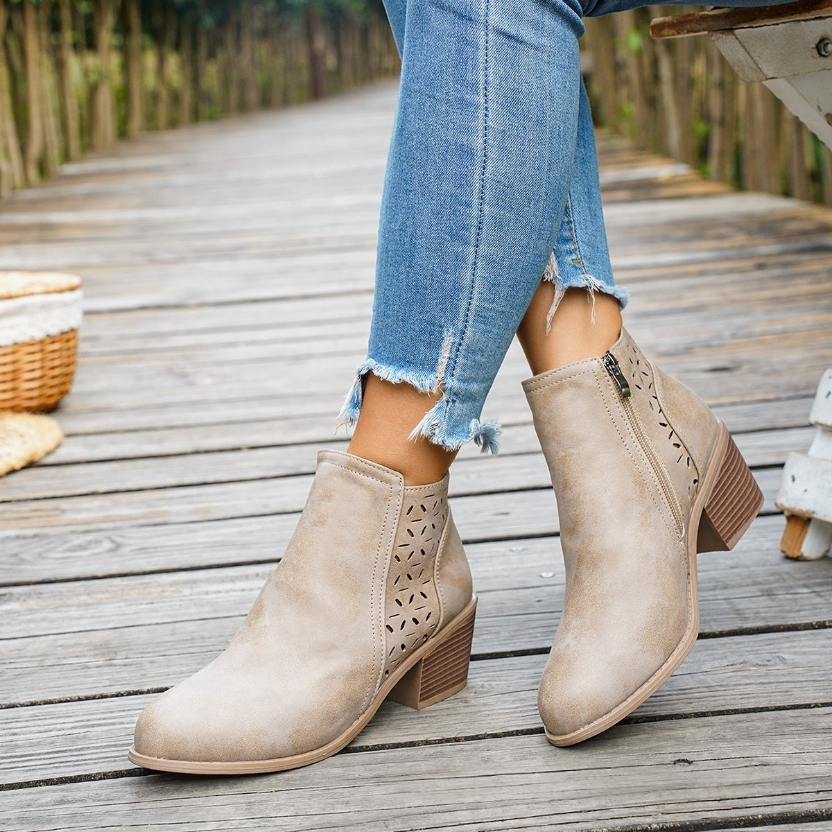 Chunky-heeled Pointed-toe Hollow-out Solid-color British-style Boots