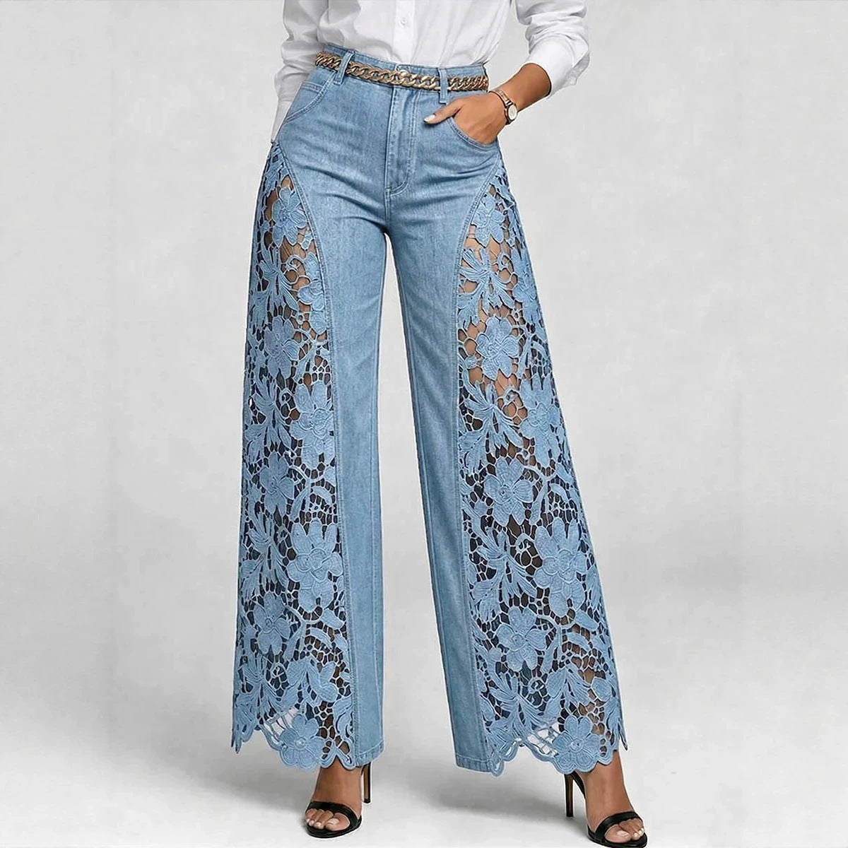 High-waisted Wide-leg Pants Womens Lace-panelled Jeans