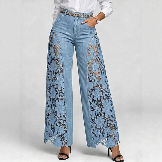 High-waisted Wide-leg Pants Womens Lace-panelled Jeans