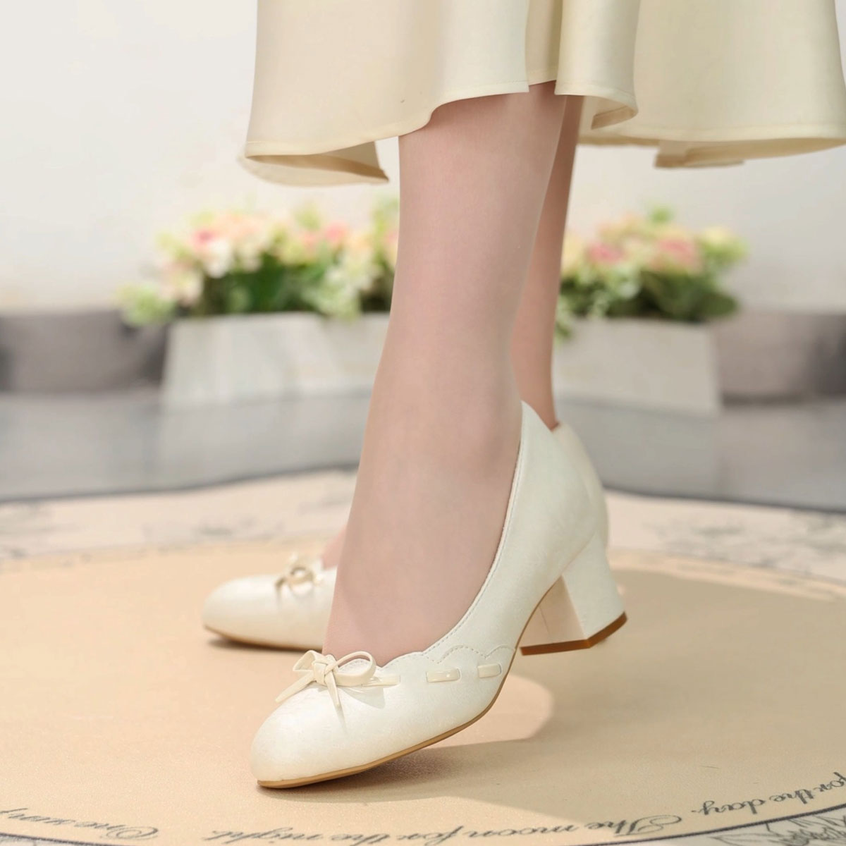 Gentle Satin Bow Block Heel Pumps, Ivory Jacquard Slip-On Shoes For Work & Parties