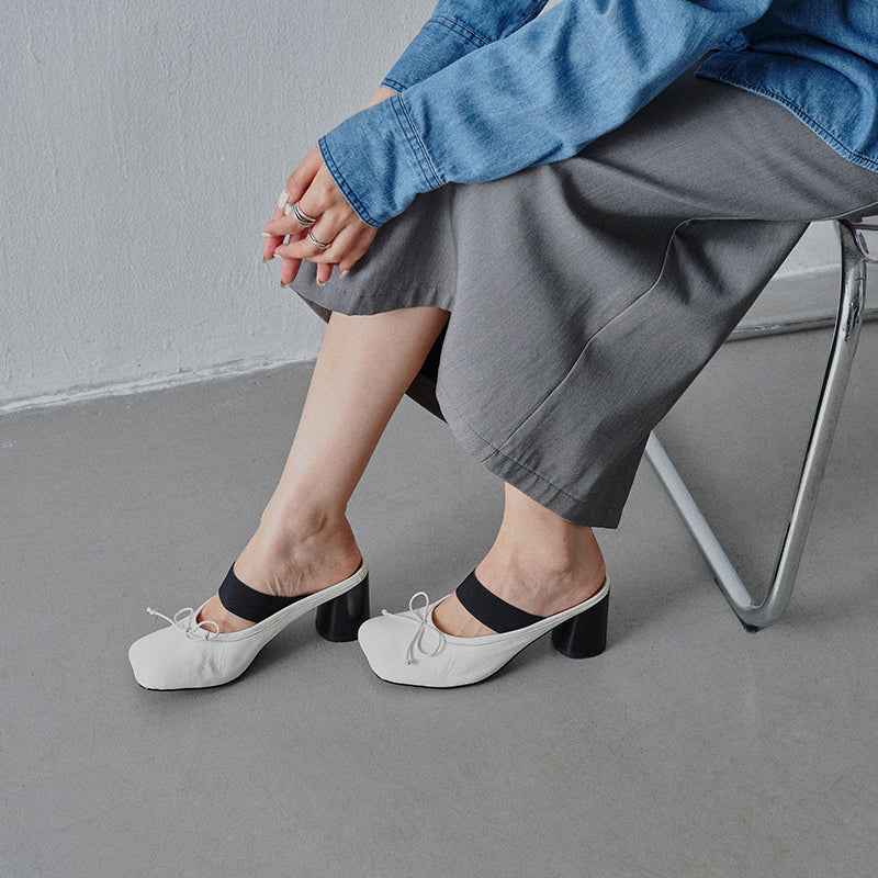 Women's Premium Washed Full Grain Leather Ballet Mules, Elastic Strap Block Heel Sandals