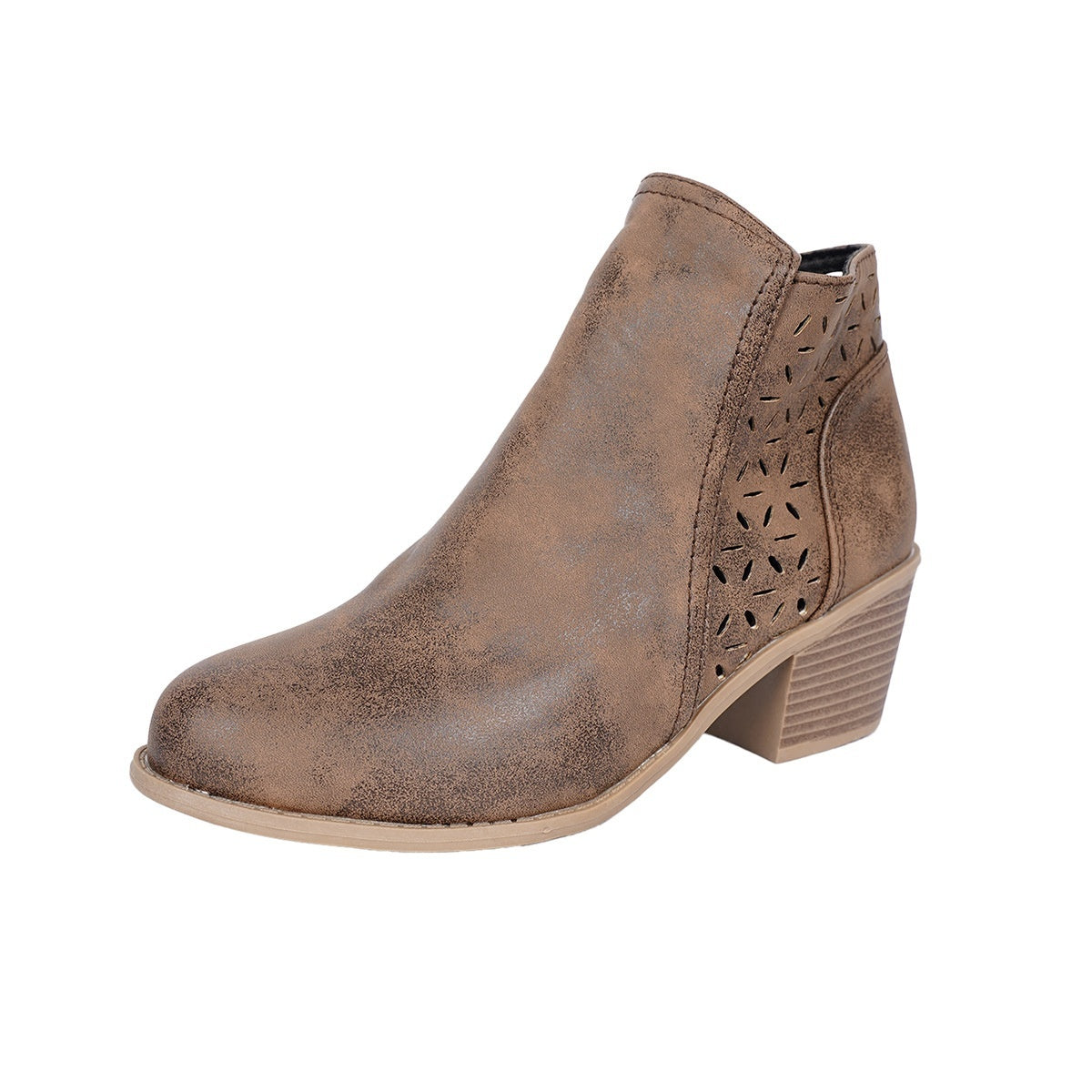 Chunky-heeled Pointed-toe Hollow-out Solid-color British-style Boots