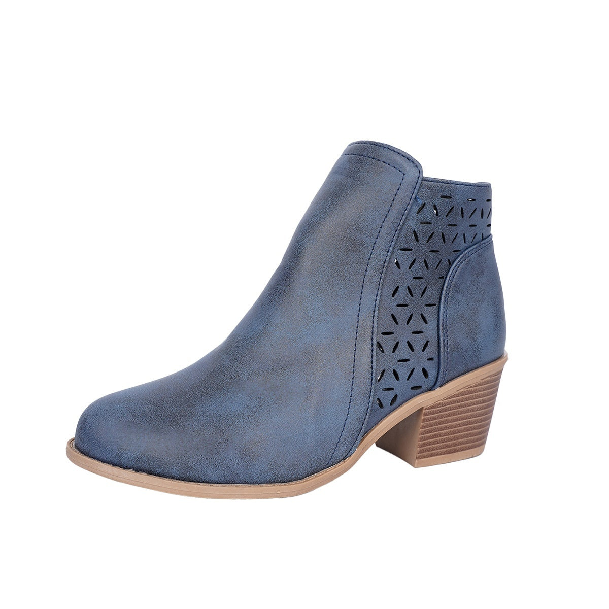 Chunky-heeled Pointed-toe Hollow-out Solid-color British-style Boots