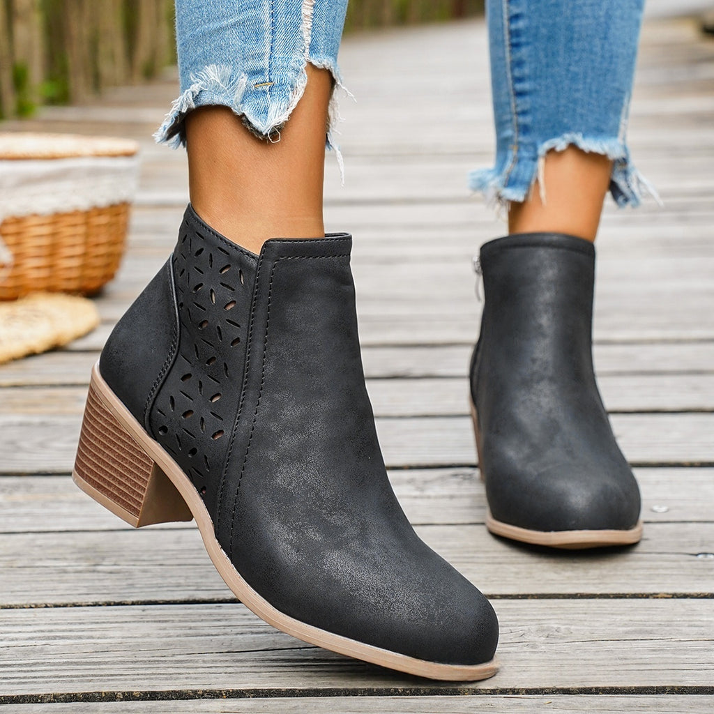 Chunky-heeled Pointed-toe Hollow-out Solid-color British-style Boots