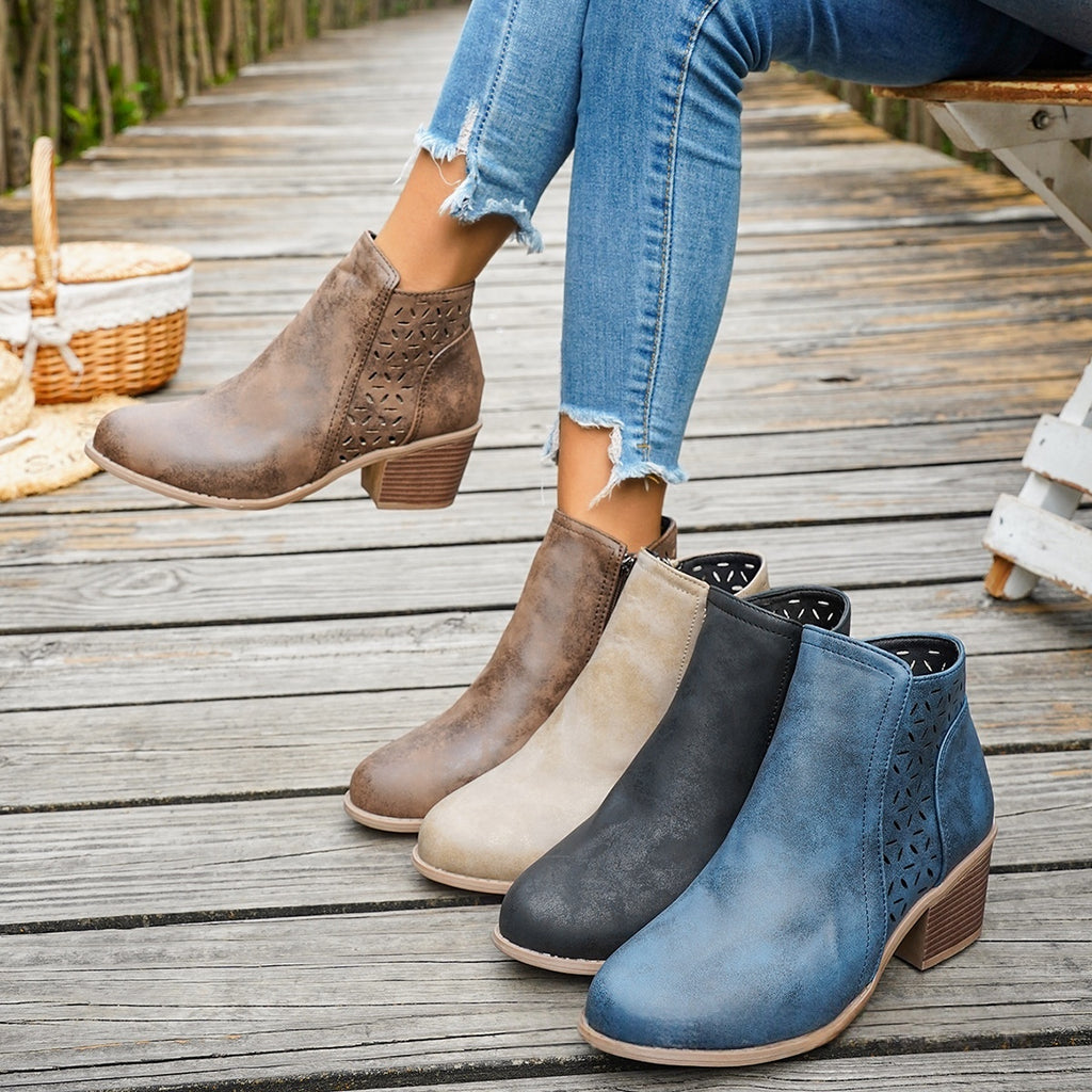 Chunky-heeled Pointed-toe Hollow-out Solid-color British-style Boots