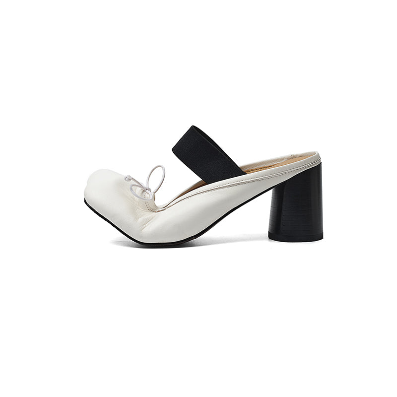 Women's Premium Washed Full Grain Leather Ballet Mules, Elastic Strap Block Heel Sandals