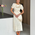 Cream Yellow Floral Print Satin Midi Dress