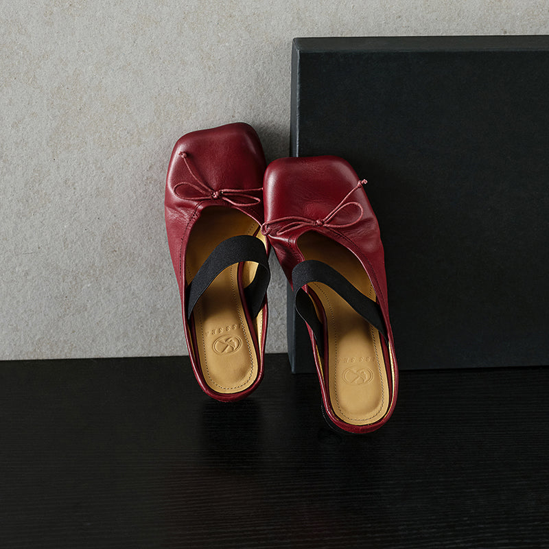 Women's Premium Washed Full Grain Leather Ballet Mules, Elastic Strap Block Heel Sandals