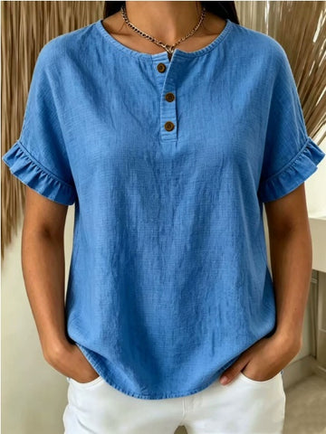 2026 European American Summer New Women Solid Color Linen Cotton Button T-shirt Casual Short Sleeve Tops