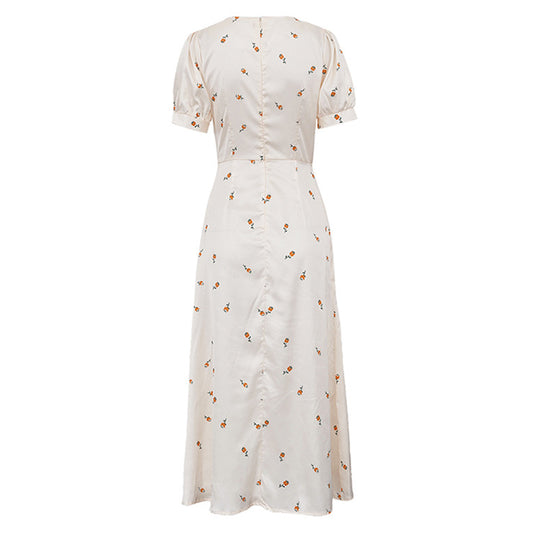 Cream Yellow Floral Print Satin Midi Dress