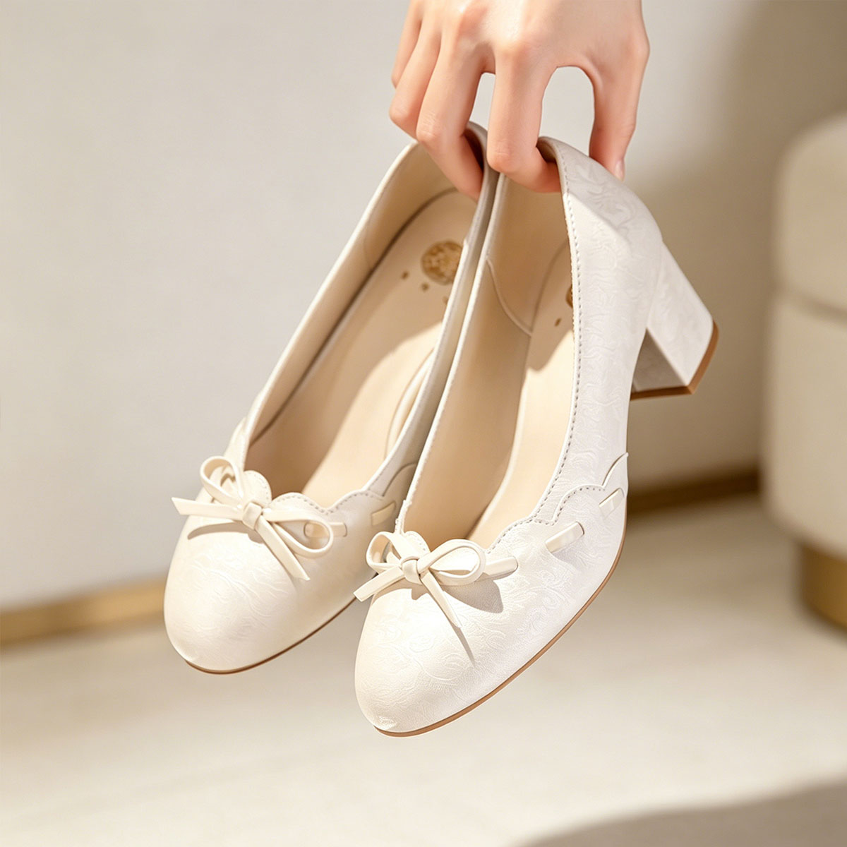 Gentle Satin Bow Block Heel Pumps, Ivory Jacquard Slip-On Shoes For Work & Parties