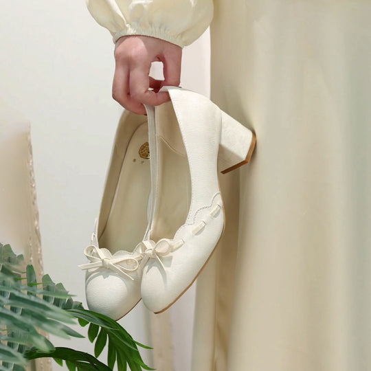 Gentle Satin Bow Block Heel Pumps, Ivory Jacquard Slip-On Shoes For Work &amp; Parties