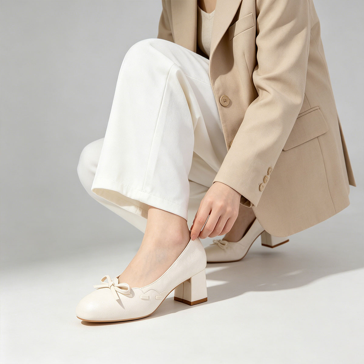 Gentle Satin Bow Block Heel Pumps, Ivory Jacquard Slip-On Shoes For Work & Parties