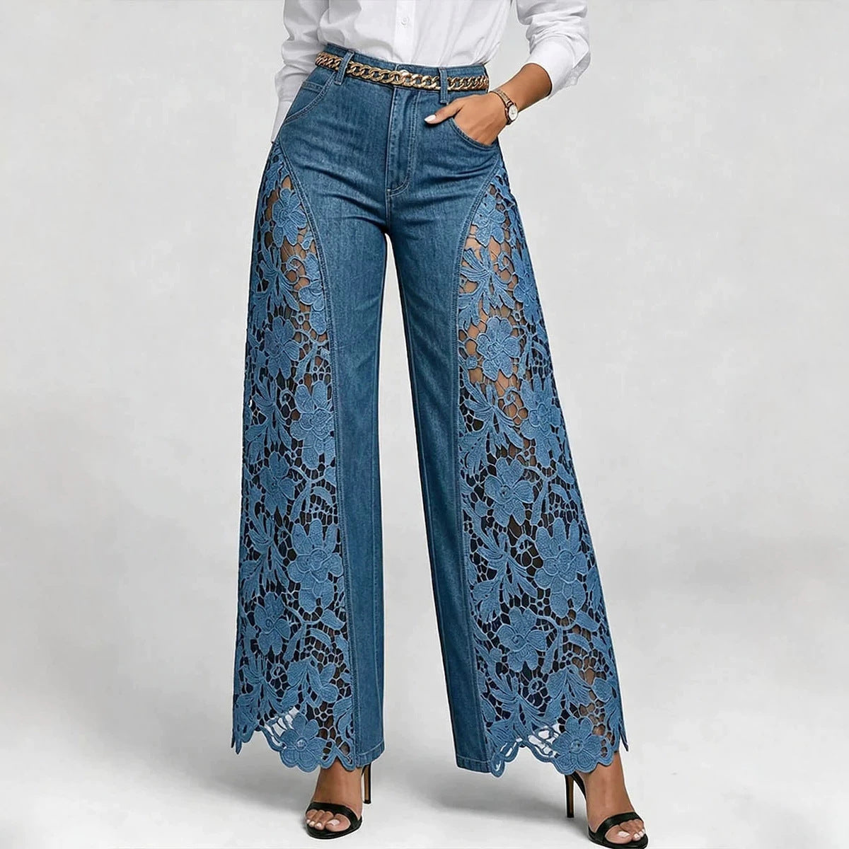 High-waisted Wide-leg Pants Womens Lace-panelled Jeans