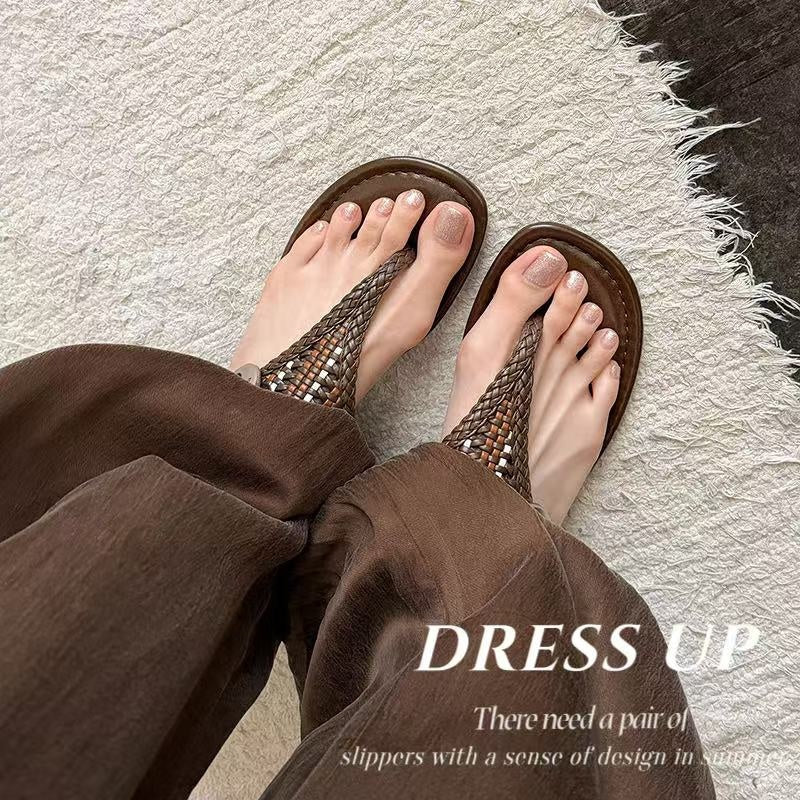 Women's Handwoven Cowhide Thong Sandals, Full-Grain Leather Ankle Buckle Flat Shoes
