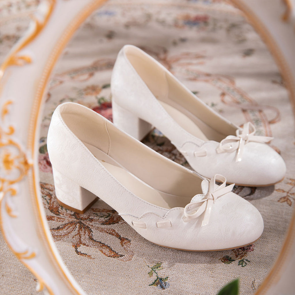 Gentle Satin Bow Block Heel Pumps, Ivory Jacquard Slip-On Shoes For Work & Parties