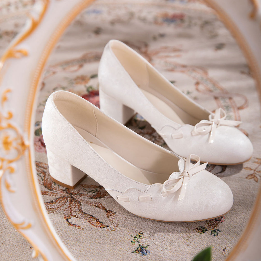 Gentle Satin Bow Block Heel Pumps, Ivory Jacquard Slip-On Shoes For Work &amp; Parties