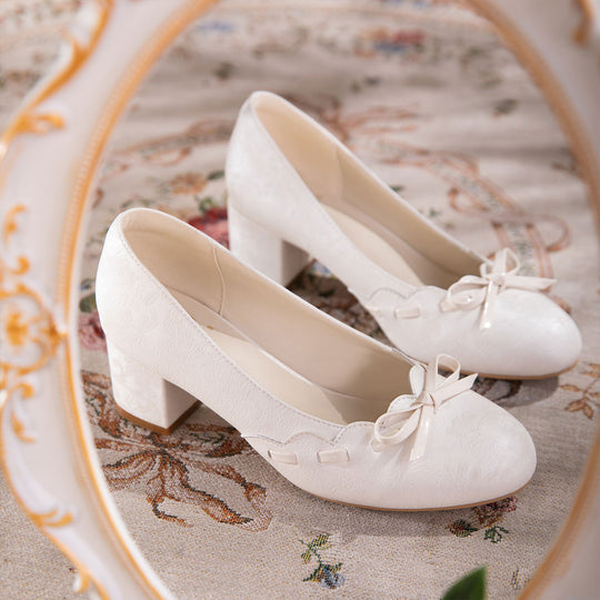Gentle Satin Bow Block Heel Pumps, Ivory Jacquard Slip-On Shoes For Work &amp; Parties