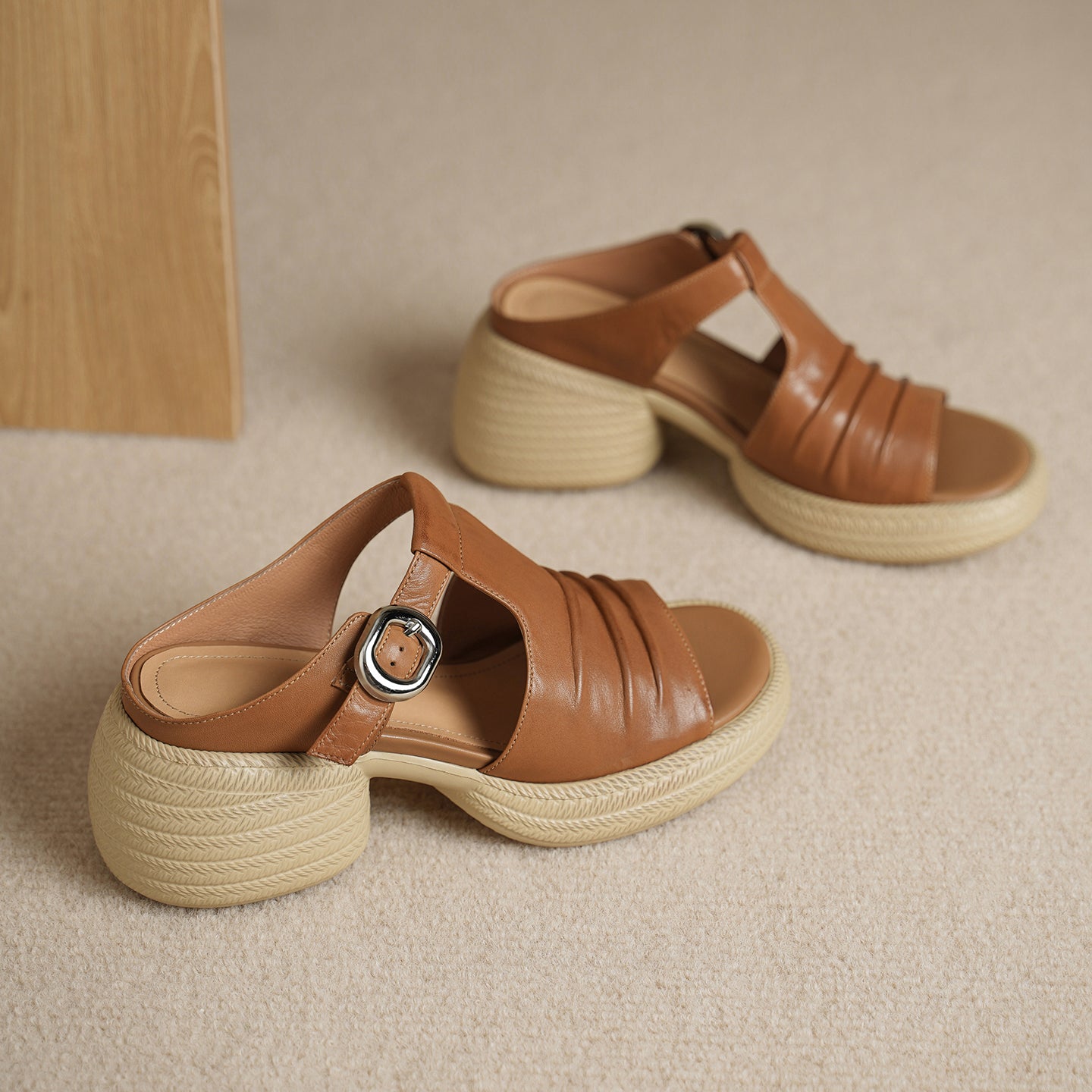 Women's Handcrafted Full-Grain Leather Ruched T-Strap Platform Mule Sandals, Chunky Heel Slides With Buckle