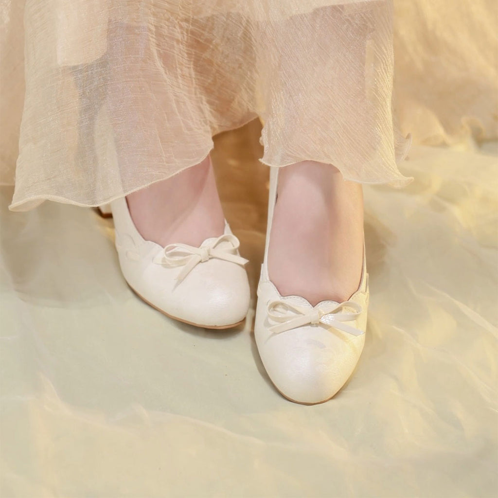 Gentle Satin Bow Block Heel Pumps, Ivory Jacquard Slip-On Shoes For Work & Parties