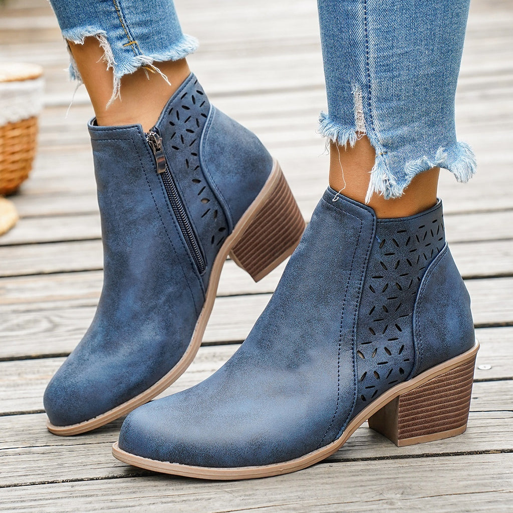 Chunky-heeled Pointed-toe Hollow-out Solid-color British-style Boots