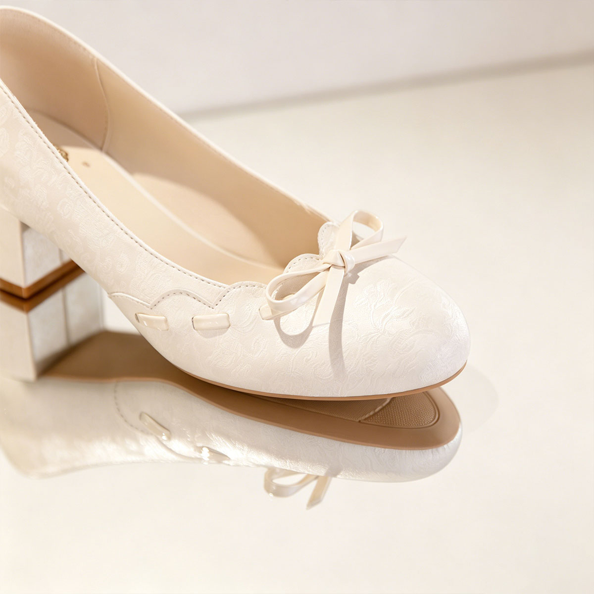 Gentle Satin Bow Block Heel Pumps, Ivory Jacquard Slip-On Shoes For Work & Parties
