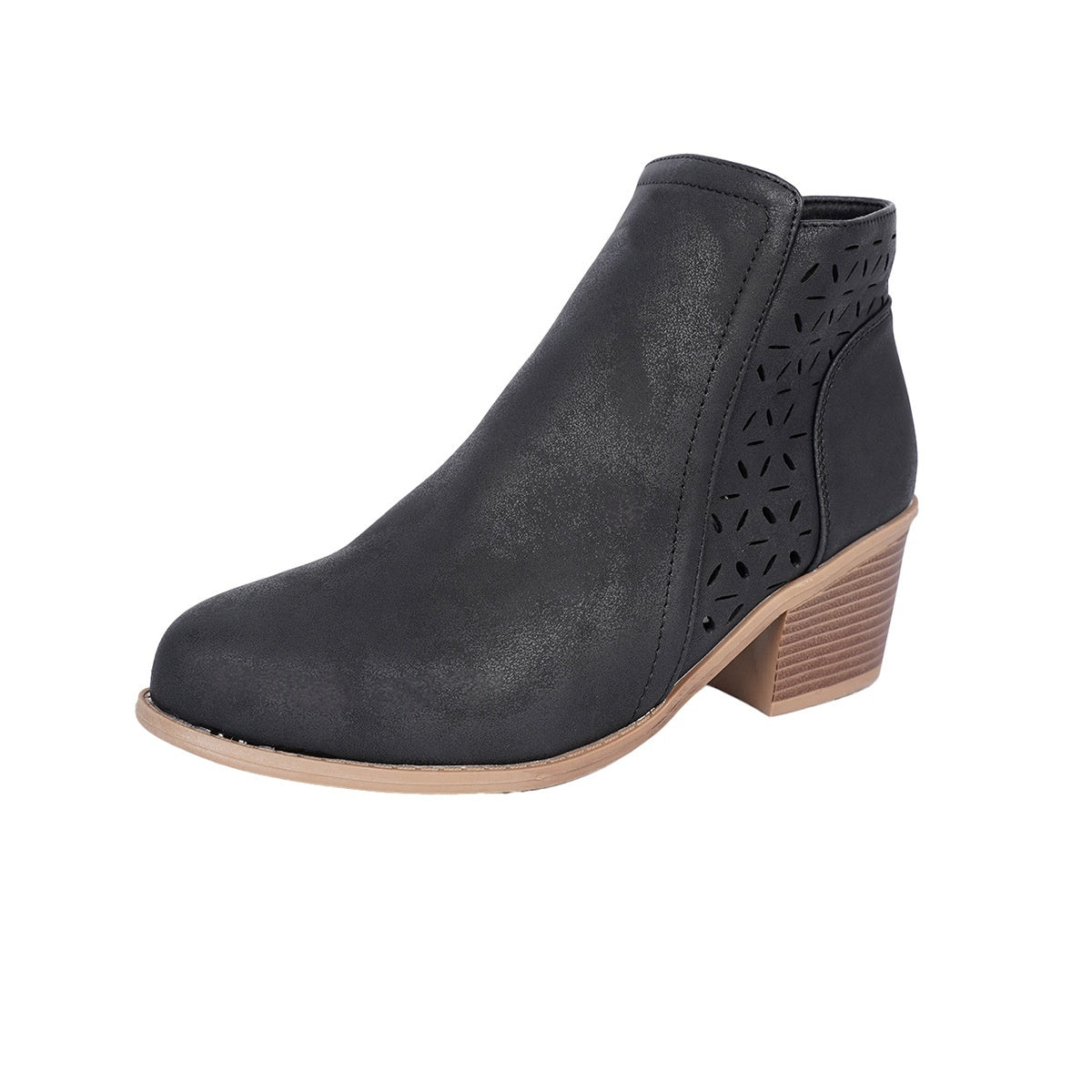 Chunky-heeled Pointed-toe Hollow-out Solid-color British-style Boots