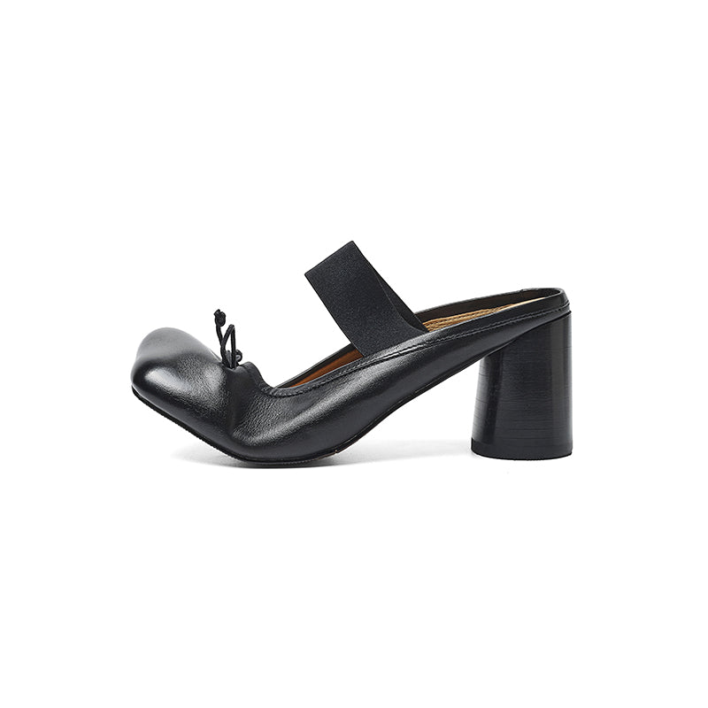 Women's Premium Washed Full Grain Leather Ballet Mules, Elastic Strap Block Heel Sandals