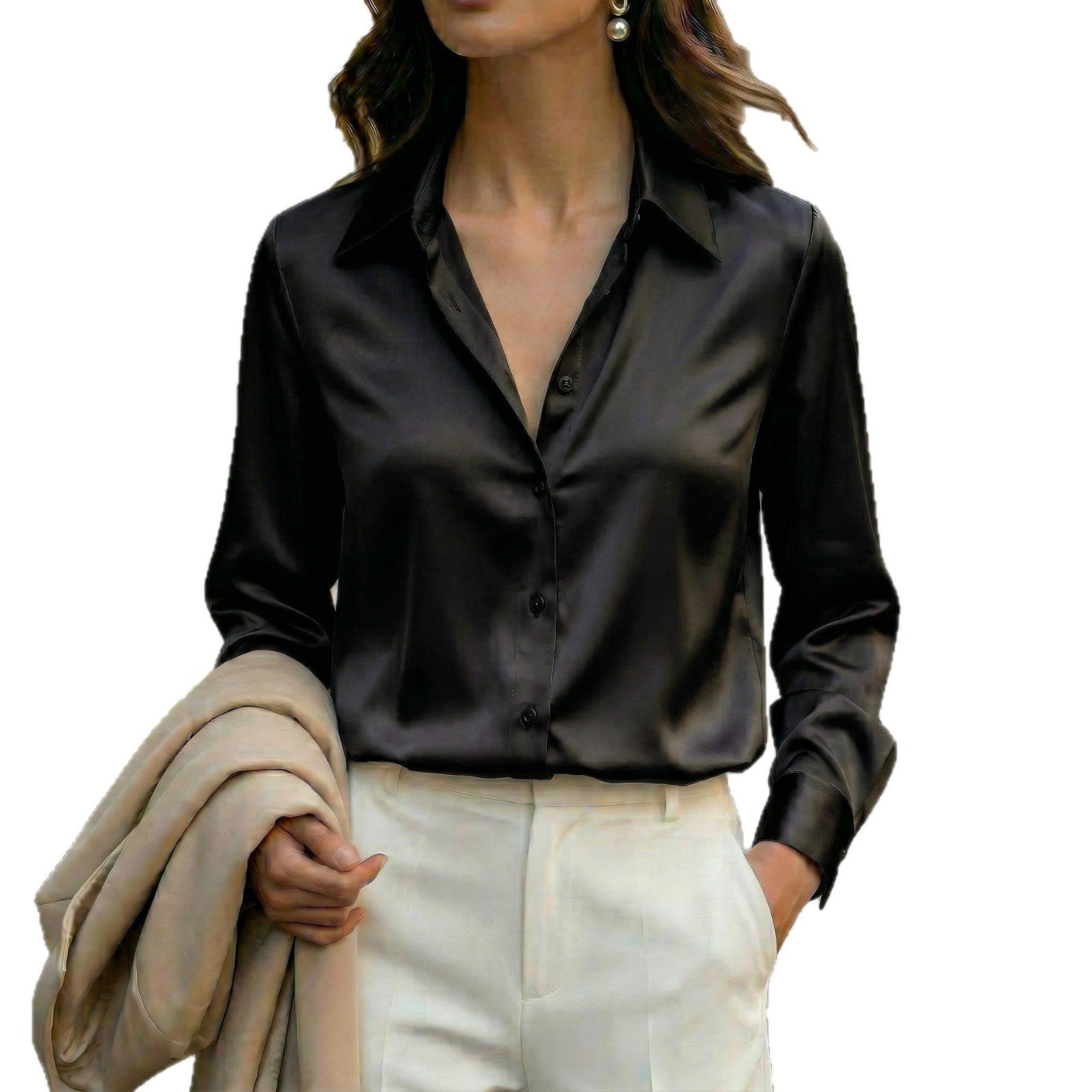 SpringAutumn New Elegant Graceful Long-Sleeve Lapel Solid-Color Satin Shirt For Women