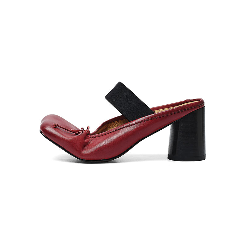 Women's Premium Washed Full Grain Leather Ballet Mules, Elastic Strap Block Heel Sandals
