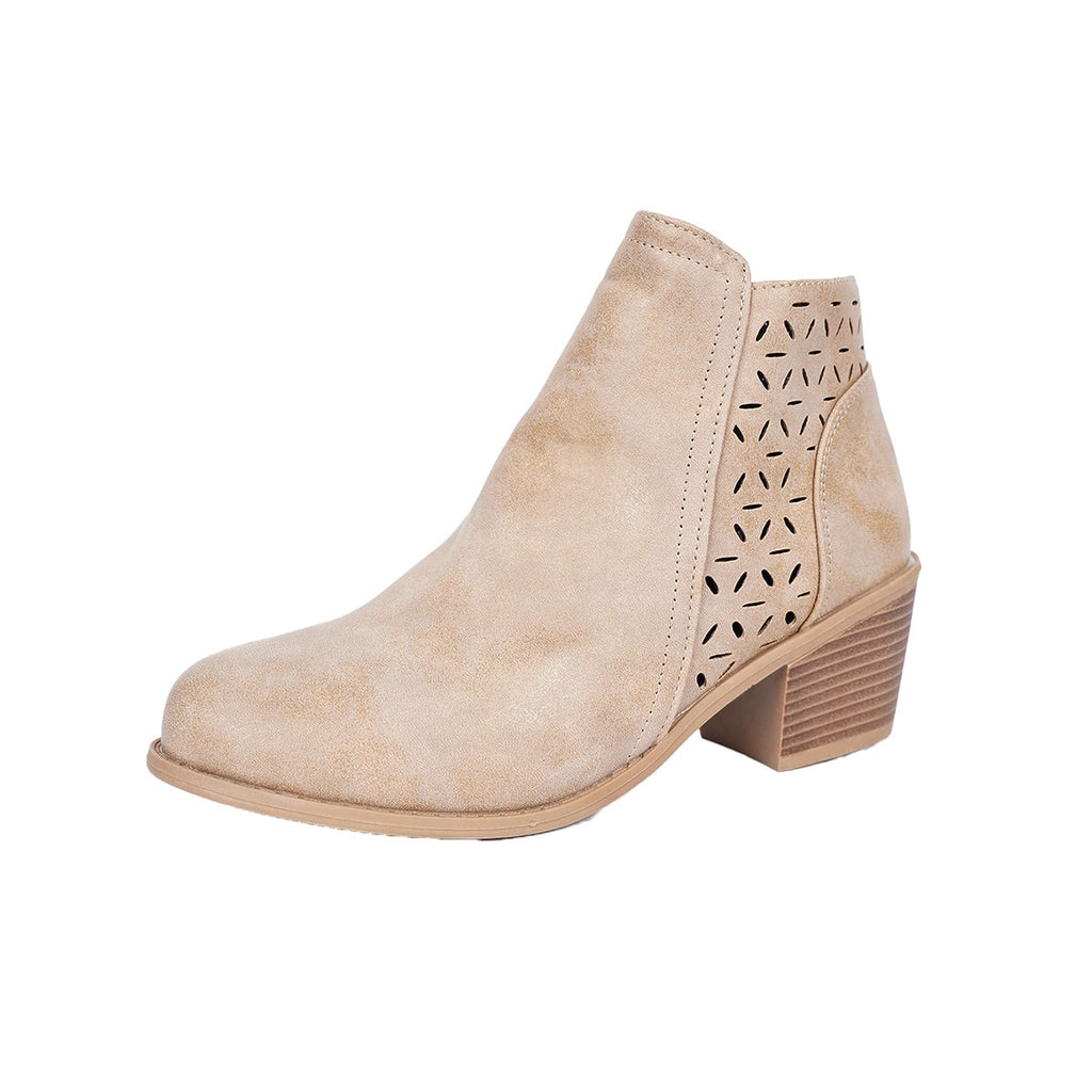 Chunky-heeled Pointed-toe Hollow-out Solid-color British-style Boots